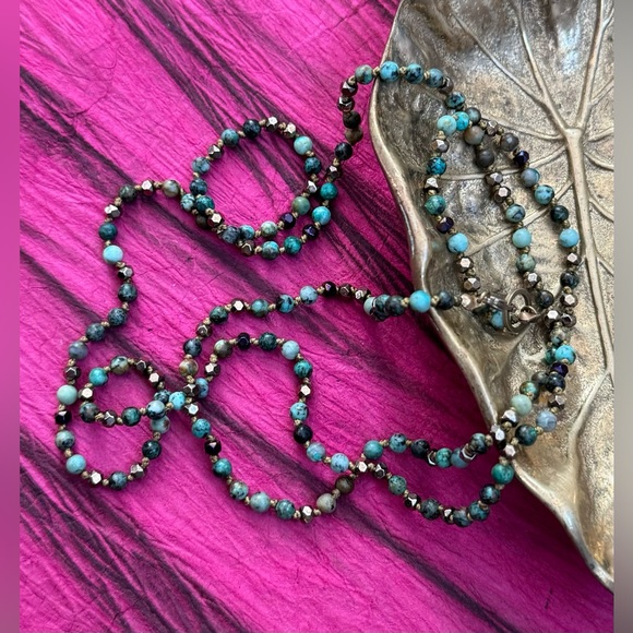 Handmade hand knotted long double layer African turquoise gemstone necklace - Picture 1 of 9